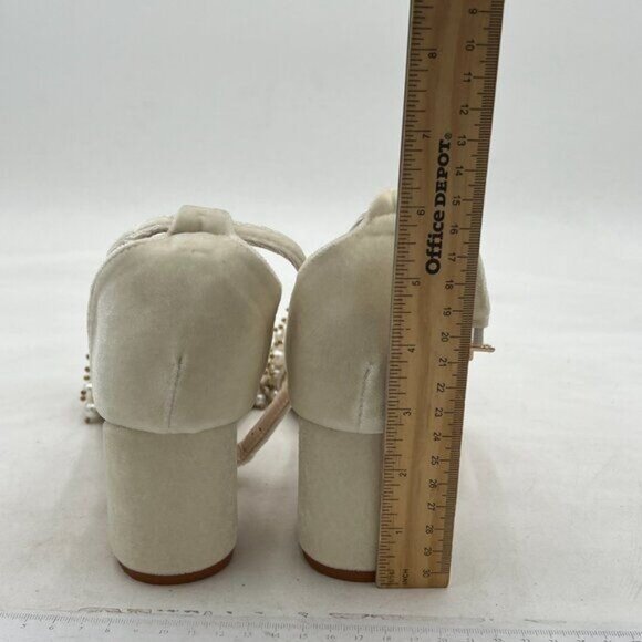 White Velvet Open Toe Sandals Pearl Strap Chunky Heel Ankle Buckle Strap Summer - Picture 4 of 7